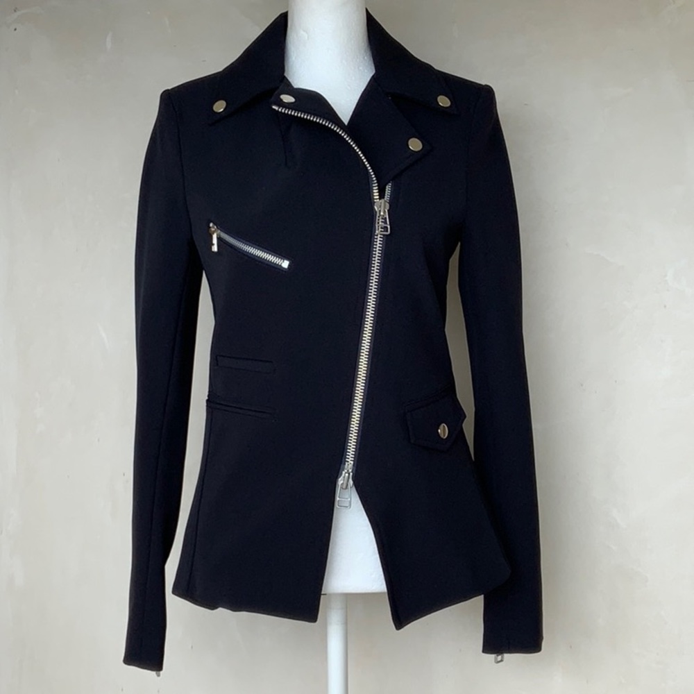 Veronica Beard Midnight Navy Asymmetrical Scuba Hadley Moto Jacket
